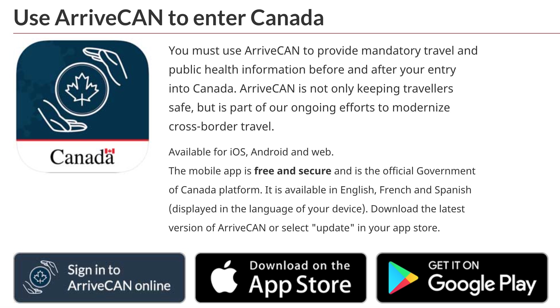 ArriveCAN app purchase info