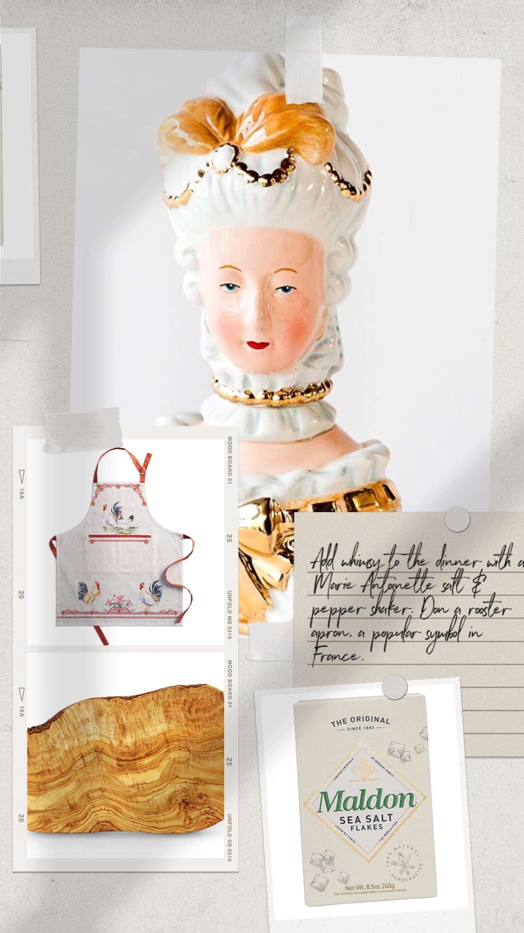 Marie Antoinette salt & pepper shaker, rooster apron, cutting board, Maldon Sea Salt